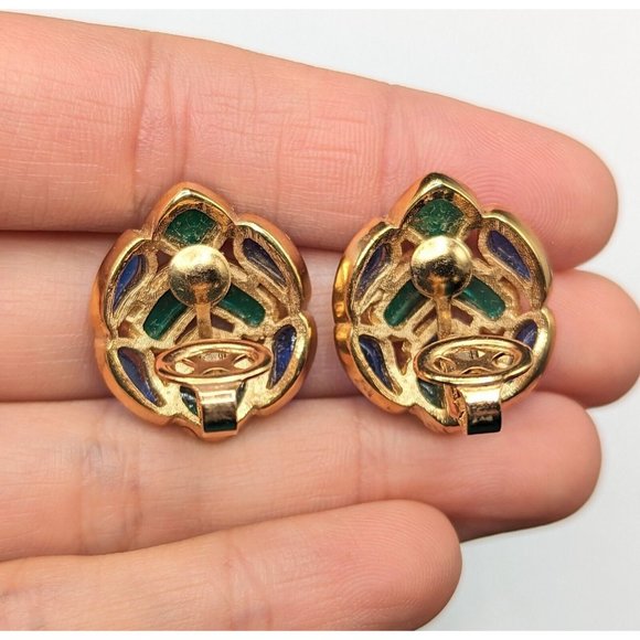 Crown Trifari Modern Mosaics Green Blue Gold Tone Clip On Earrings 1960s - Picture 7 of 8